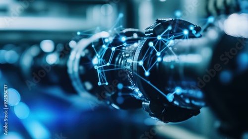 A futuristic digital representation of a water pipeline incorporating advanced technologies like AI, ML, and IoT for smart leak detection and sustainable management.