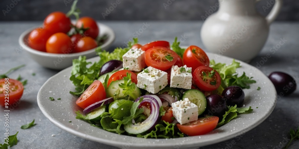 Healthy Greek salad with fresh vegetables and feta cheese. Healthy Greek salad with fresh vegetables and feta cheese.