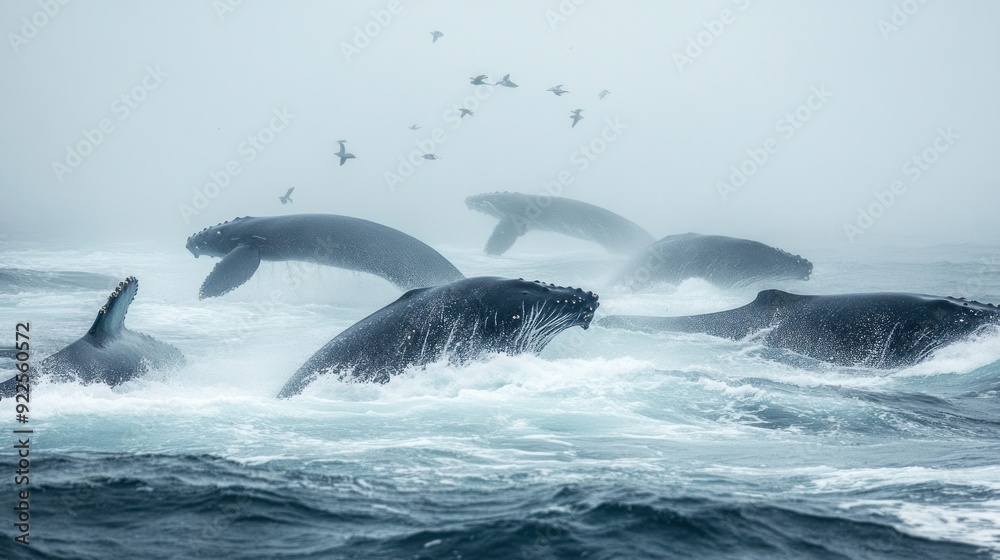Fototapeta premium Humpback Whales Breaching in a Misty Ocean
