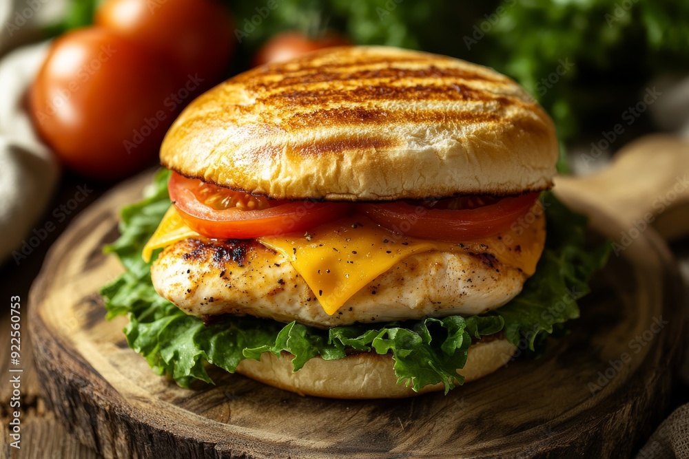 A gourmet chicken sandwich overflowing with grilled chicken, melted cheese, crisp lettuce, and ripe tomato is presented on a rustic wooden plate A gourmet chicken sandwich overflowing with grilled chicken, melted cheese, crisp lettuce, and ripe tomato is presented on a rustic wooden plate