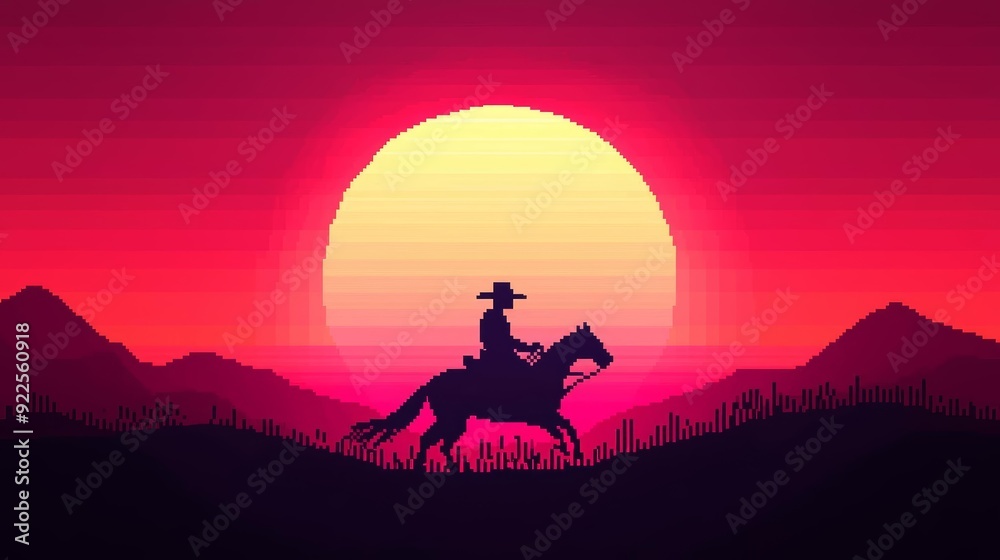 A pixel art cowboy riding into the sunset with a lasso and a wide-brimmed hat A pixel art cowboy riding into the sunset with a lasso and a wide-brimmed hat