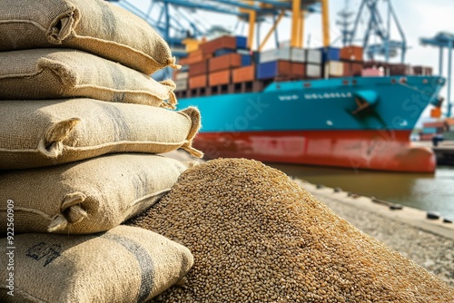 Grain Sacks and Cargo Ship at Port photo