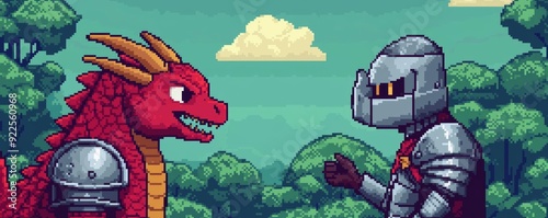 A pixel art knight and dragon having a friendly conversation in a cartoon forest