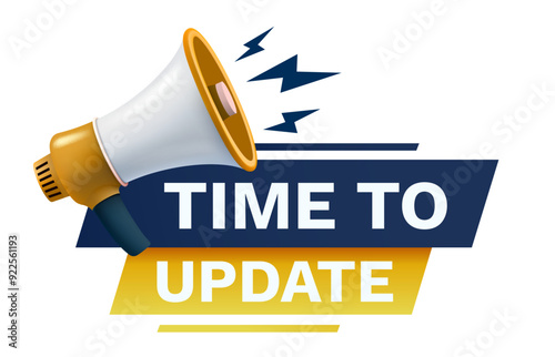 Time to update message, megaphone announces news, banner service. Vector illustration