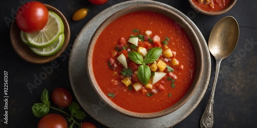 Top view of a traditional Spanish tomato gazpacho soup. photo