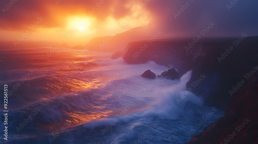 Naklejka premium Dramatic Sunset Over Rugged Coastline.