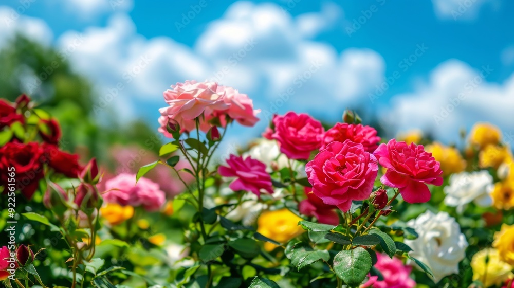 Design a serene garden scene filled with roses of various colors. Include red, pink, white, and yellow roses Design a serene garden scene filled with roses of various colors. Include red, pink, white, and yellow roses