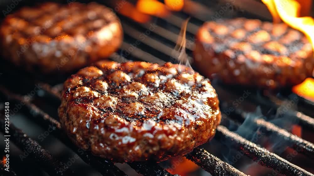 The Juicy beef patties sizzle on a hot grill, surrounded by flames and smoke. The Juicy beef patties sizzle on a hot grill, surrounded by flames and smoke.
