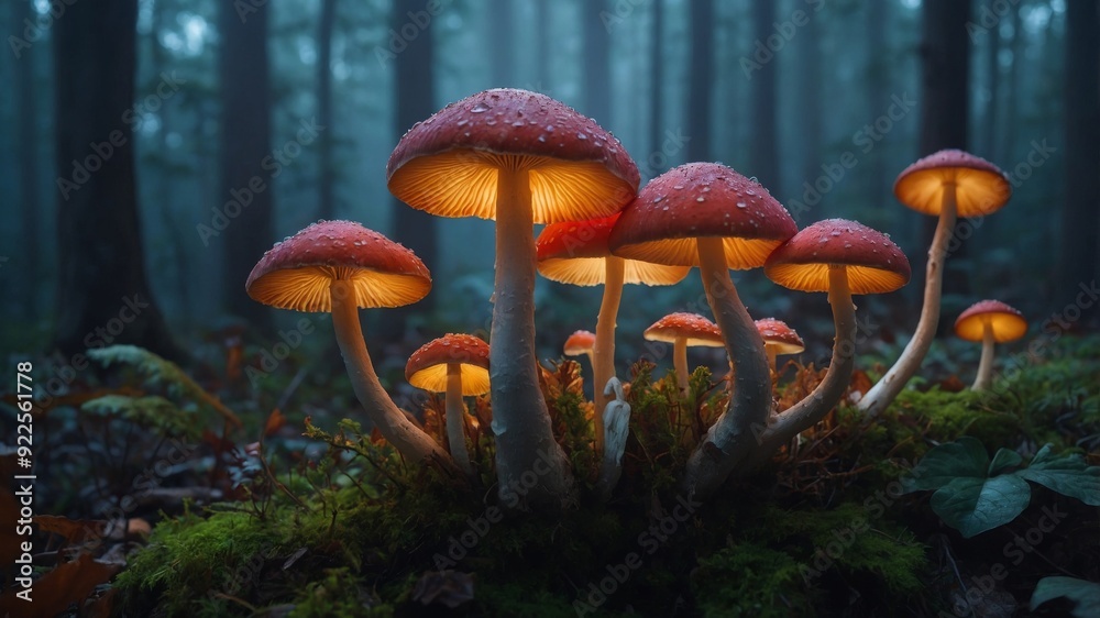 Fototapeta premium In a digital art portrayal of an enchanted forest scene, brightly glowing mushrooms are surrounded by a mystical fog.