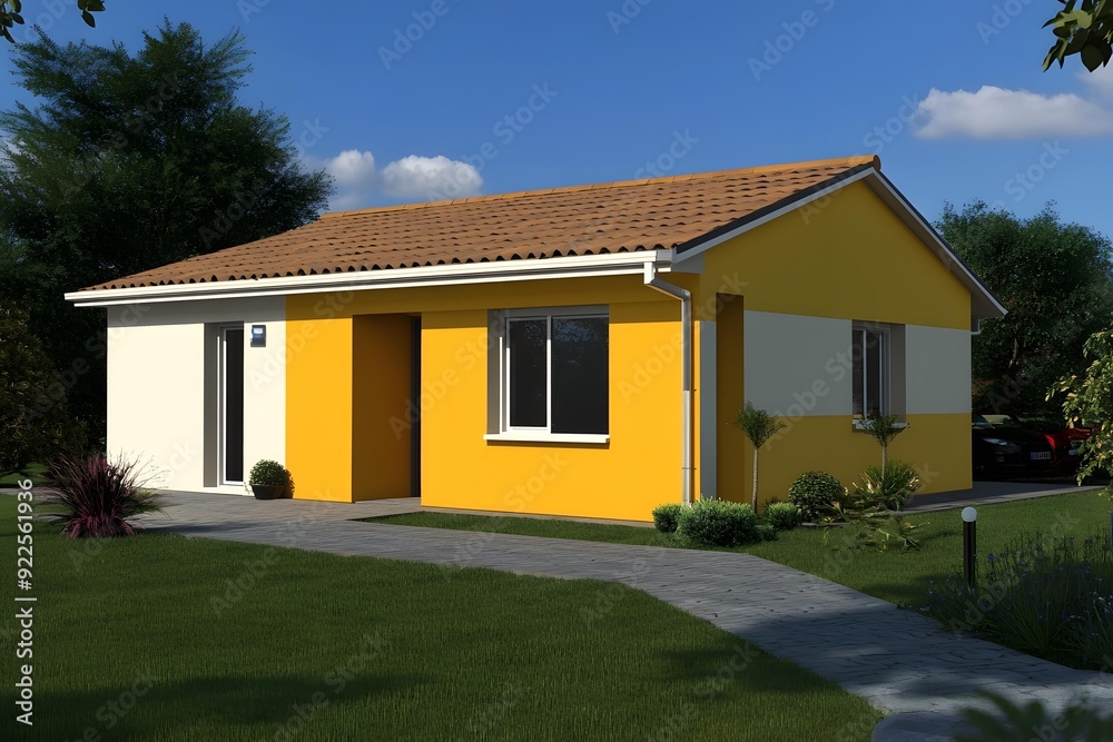 Modern Yellow House with White and Brown Accents Modern Yellow House with White and Brown Accents