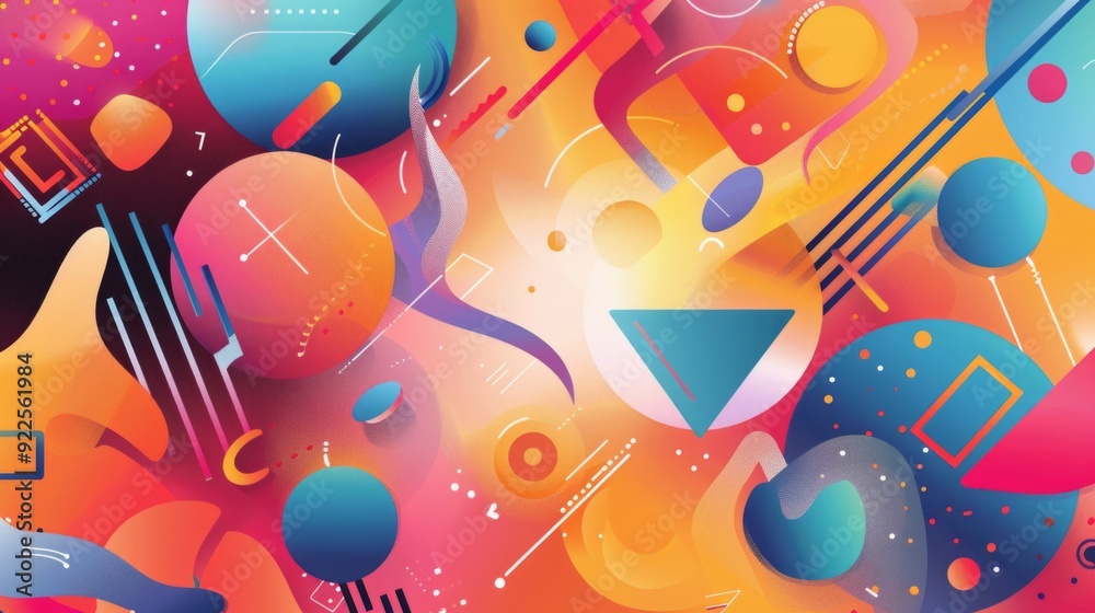 Obraz premium Design a vector background filled with bright, cheerful colors and playful abstract forms. Utilize a variety of shapes such as circles,