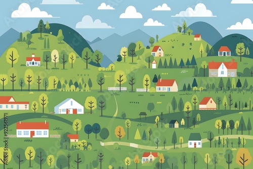 Illustrated Countryside with Houses and Trees