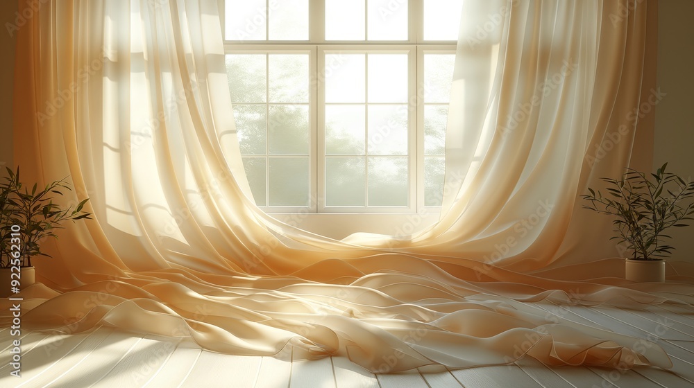 Flowing Sheer Curtains Bathed in Soft Morning Light, Gently Draped by an Open Window in a Tranquil, Sunlit Room Flowing Sheer Curtains Bathed in Soft Morning Light, Gently Draped by an Open Window in a Tranquil, Sunlit Room