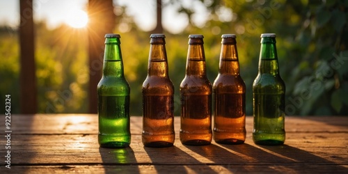 The warm, golden light beams through a row of beer bottles, casting a radiant glow over the hops on a wooden surface.
