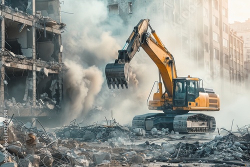 Large excavator operating a demolition project in city