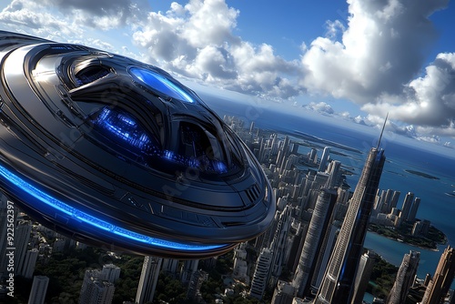 Futuristic spaceship flying over a modern cityscape with towering skyscrapers and a bright skyline on a partly cloudy day.