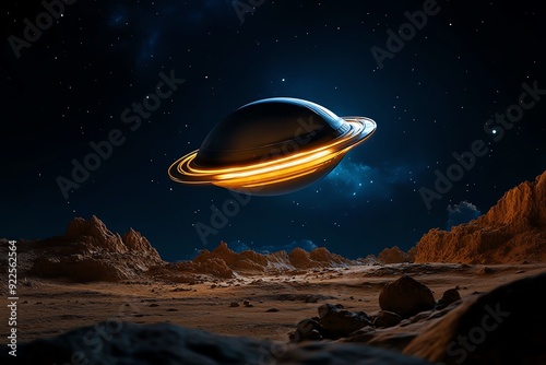 Fototapeta Naklejka Na Ścianę i Meble -  Futuristic spaceship hovers above a rocky alien planet under a starlit sky, representing an interstellar space travel concept.
