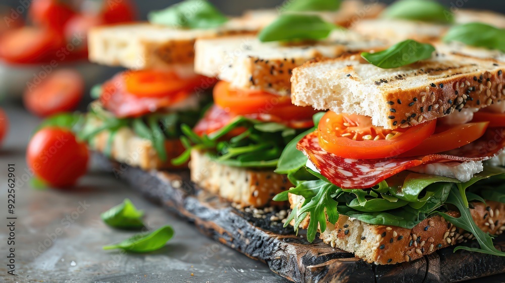 Assortment of Mini Sandwiches Variety of Cream Cheese, Vegetables, and Salami on a Board in a Restaurant Assortment of Mini Sandwiches Variety of Cream Cheese, Vegetables, and Salami on a Board in a Restaurant
