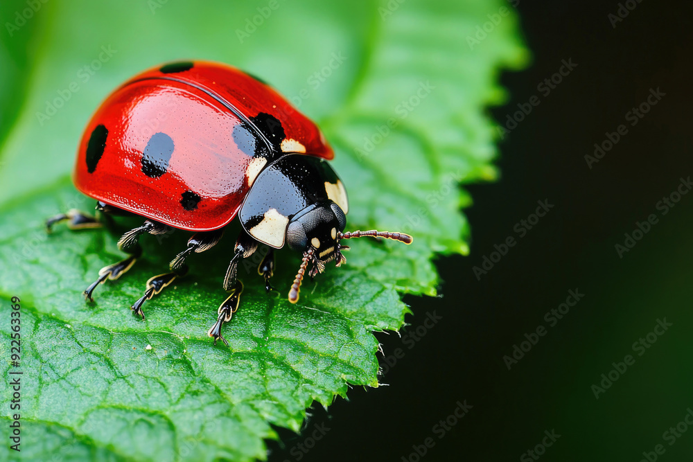 Fototapeta premium A ladybug sitting on a green leaf.