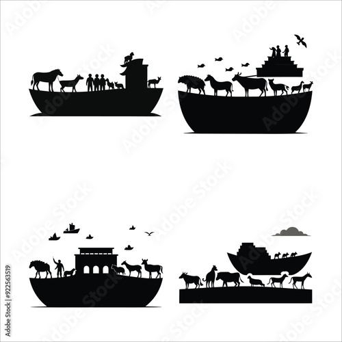 "Silhouette of Noah’s Ark with Pairs of Animals Walking Up Ramp Towards Boat, Creating Engaging Scene on White Background"
