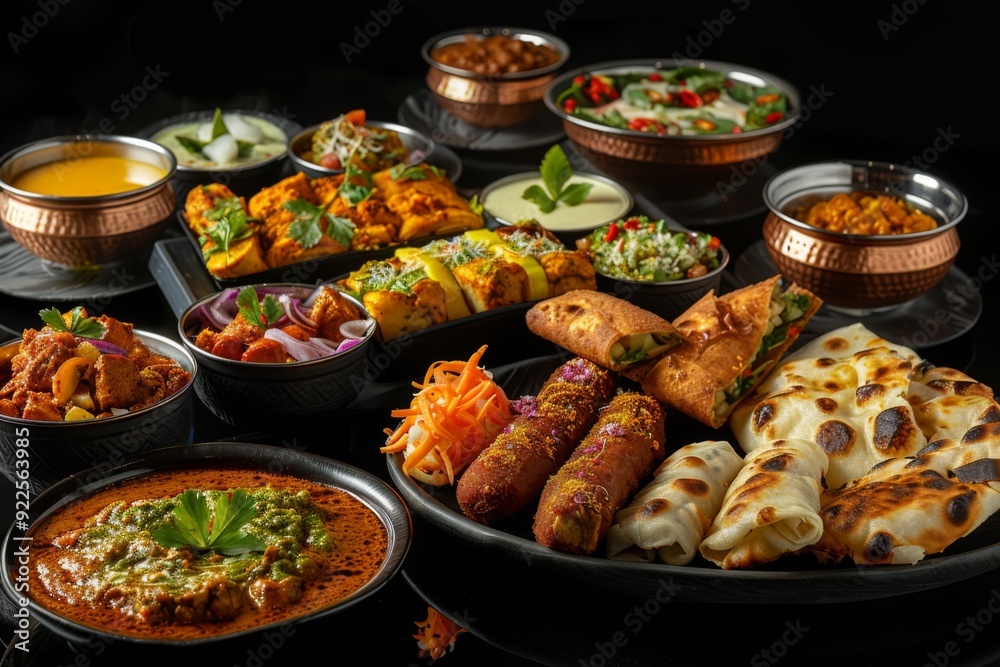 Assorted Indian food on black background