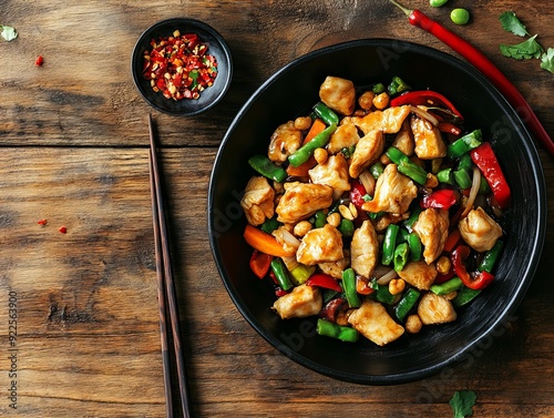 A Kung Pao Chicken. The most popular Chinese dishes. A spicy stir-fry dish made with chicken, peanuts, vegetables, and chili peppers, originating from Sichuan province.