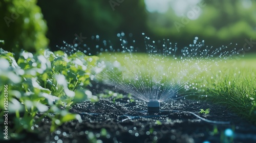 Smart irrigation system automatically watering crops, utilizing AI and big data to optimize water usage based on weather and soil conditions.