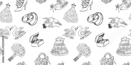 Seamless pattern of wedding symbols different sketches, rings, white swans couple, doves, dress, cake, bouquet, bells, vector background, hand drawn illustration, paper, wallpaper