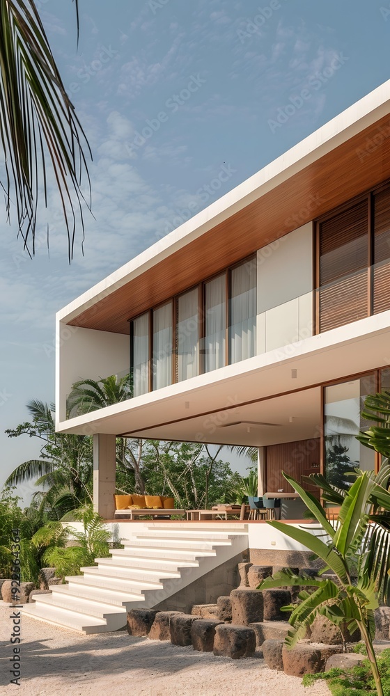 Fototapeta premium Modern Minimalist White House With Stone Steps And Palm Trees