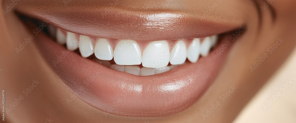 Obraz premium Close-up of a radiant African smile featuring pearly white teeth, healthy glowing skin, subtle pink lips, happiness and confidence, dental beauty clinic advertisement background