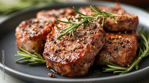 A plate of tender meat garnished with fresh rosemary and cracked pepper, ready to be served.