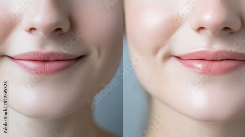 Split-screen image showing a before and after transformation of lip enhancement, highlighting fuller, more defined lips with a smooth finish. photo