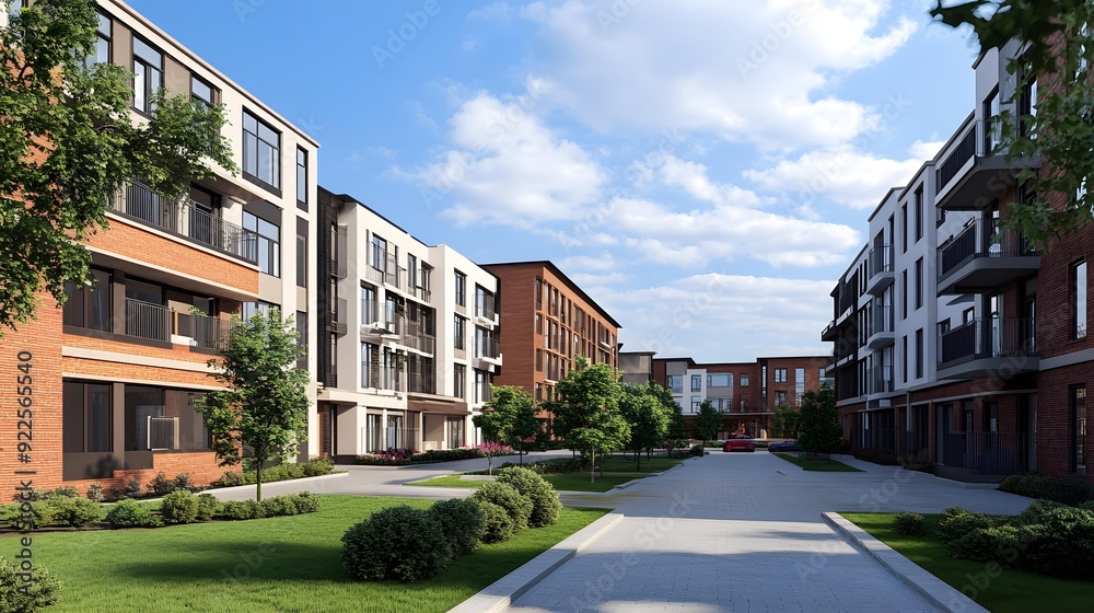 Obraz premium Modern Apartment Building Complex with Green Landscaping