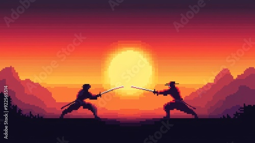 A pixel art ninja and samurai facing off in a dramatic, cartoon showdown at sunset