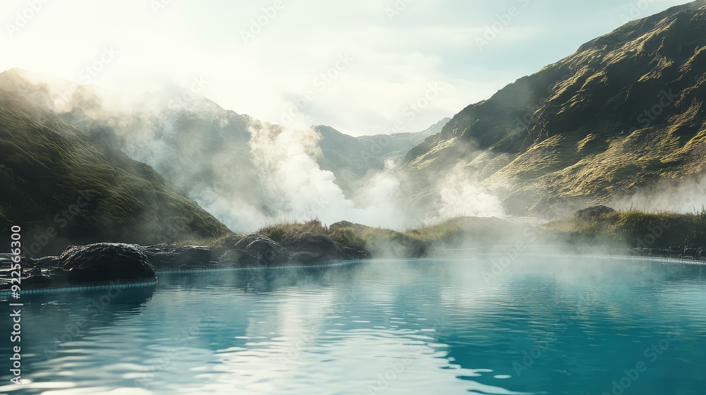 Fototapeta premium Scenic geothermal swimming pool with steam rising into the cool air, nestled in a valley.