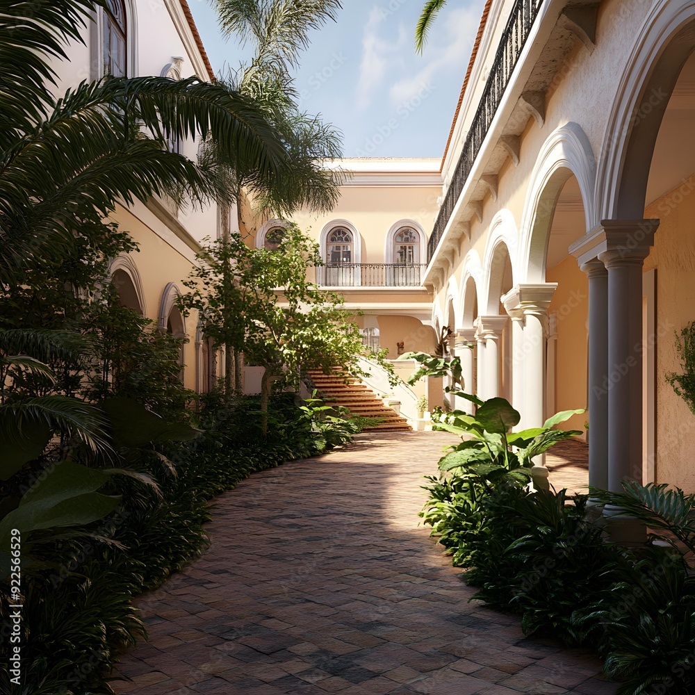 Tropical Courtyard with Stone Pathway and Archways