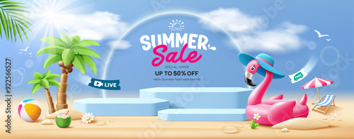 Summer sale, three blue podium, Pink flamingo inflatable, coconut trees, pile of sand, beach umbrella, beach chair and beach ball, banner design, on cloud and sky blue background