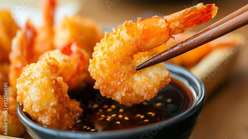 golden-brown tempura shrimp being dipped into a soy-based dipping sauce