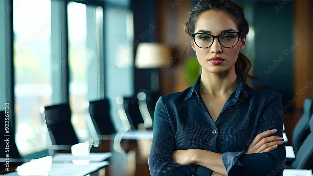 In a corporate boardroom, a confident businesswoman wearing eyeglasses stands with arms crossed, showcasing her success and leadership