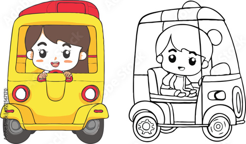 coloring page a simple drawing of baby boy driving vehicle, Coloring book