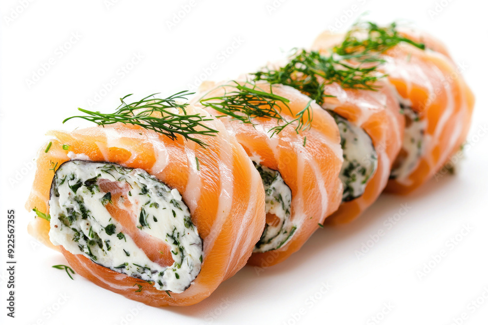 A salmon roll with dill garnish.