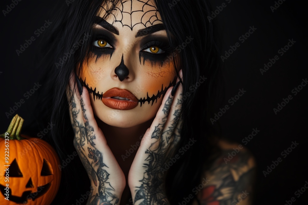 Mysterious woman with carved pumpkin. Perfect for Halloween, occult, or dark fantasy themed projects.Generative AI.彫られたカボチャを持ったミステリアスな女性。ハロウィン、オカルト、ダークファンタジーをテーマにしたプロジェクトに最適です。Generative AI. Mysterious woman with carved pumpkin. Perfect for Halloween, occult, or dark fantasy themed projects.Generative AI.彫られたカボチャを持ったミステリアスな女性。ハロウィン、オカルト、ダークファンタジーをテーマにしたプロジェクトに最適です。Generative AI.