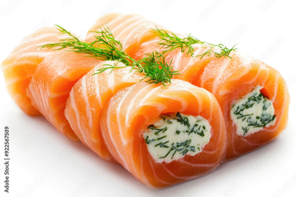 A salmon roll with dill garnish. A salmon roll with dill garnish.