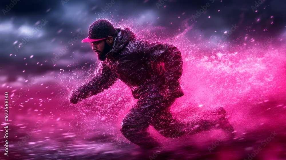 A runner sprints through a vibrant storm at twilight, creating a splash of color against a dramatic backdrop A runner sprints through a vibrant storm at twilight, creating a splash of color against a dramatic backdrop