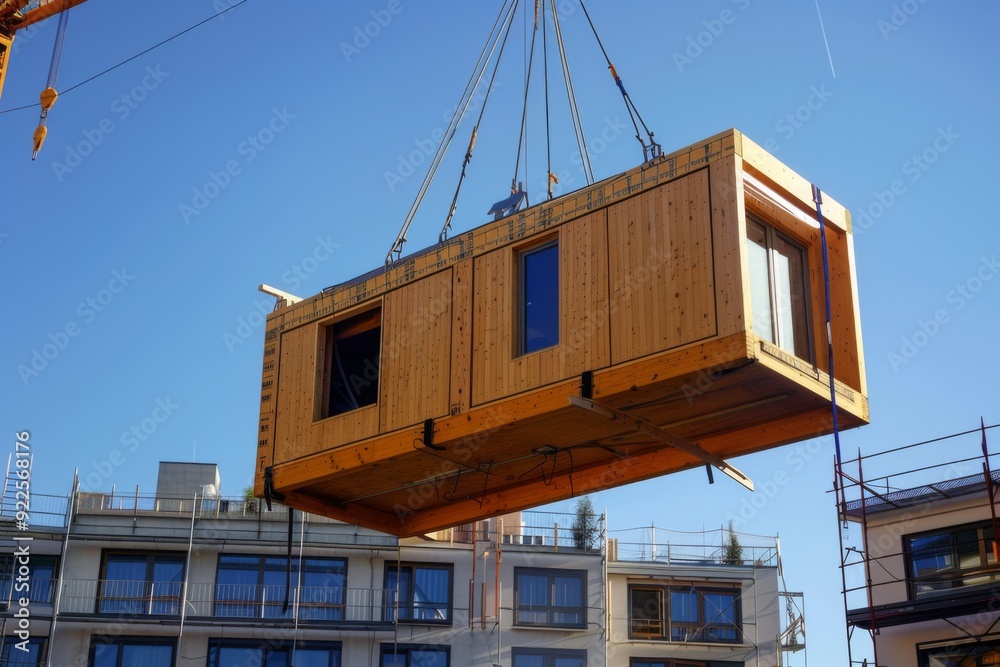 Wooden building module being raised by crane Wooden building module being raised by crane