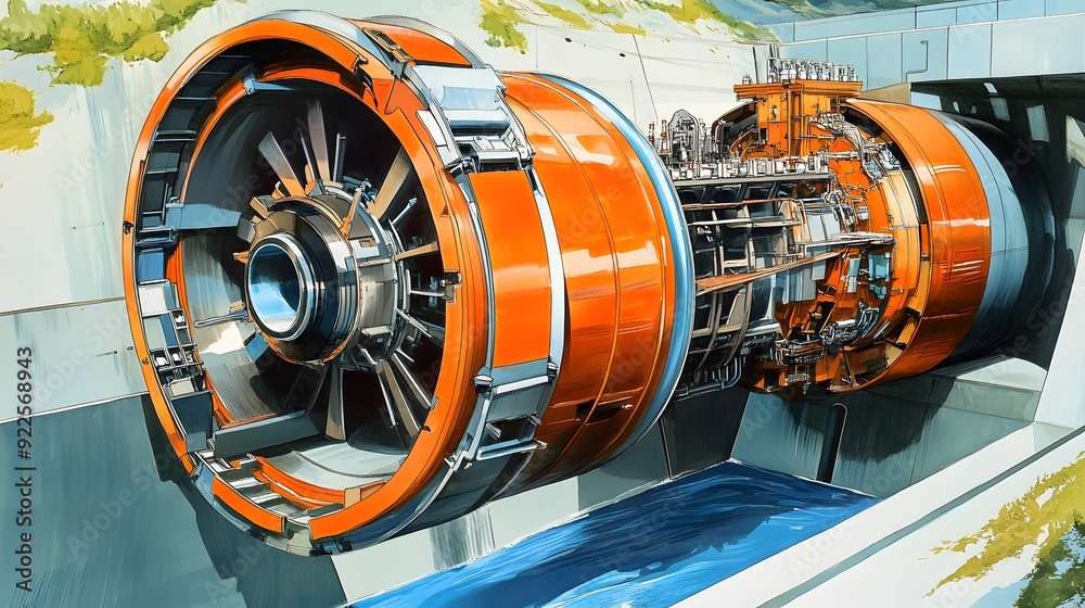 The cross-section of a hydropower turbine, showing the inner workings ...