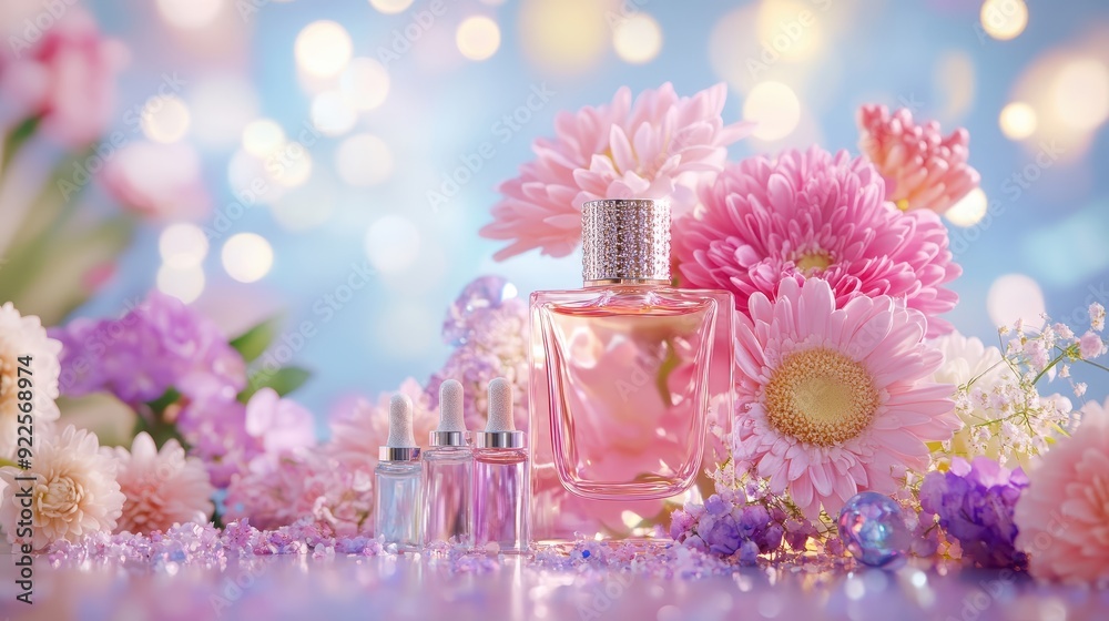 Elegant fragrance bottle surrounded by vibrant flowers and bokeh lights, perfect for beauty and lifestyle themes. Elegant fragrance bottle surrounded by vibrant flowers and bokeh lights, perfect for beauty and lifestyle themes.