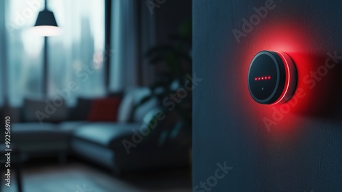 A wall-mounted smart smoke and carbon monoxide detector with red alert lights, technology smartphone integration for enhanced home safety. photo