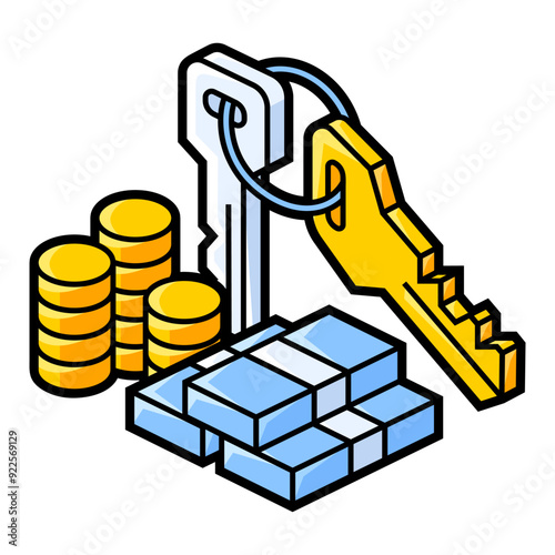 Image of money and keys. Financial illustration in isometry style.
