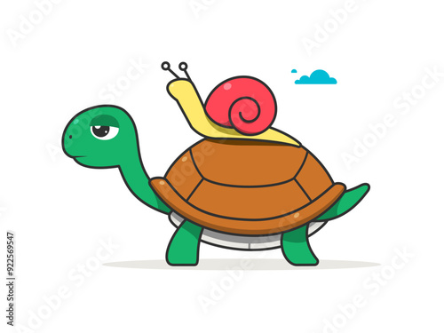 The Snail is riding the turtle. Isolated Vector illustration